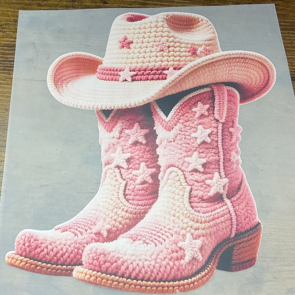 Pink Crochet Cowboy Boots and Hat Wall Art